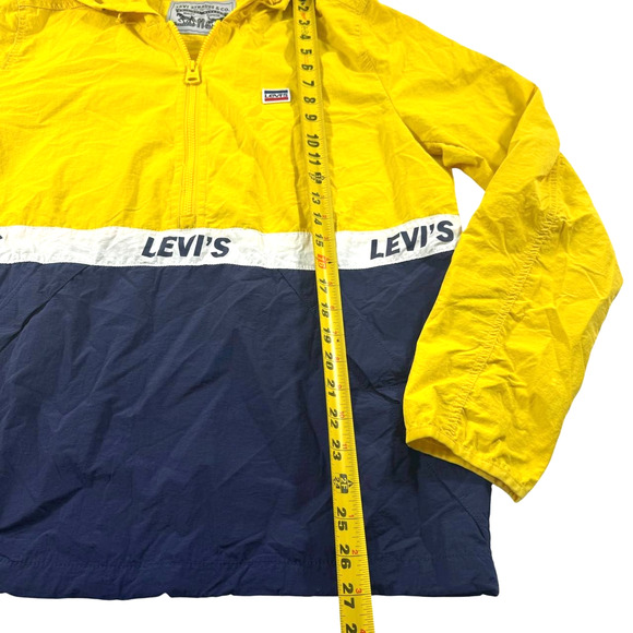 Levi’s Men’s Hooded Windbreaker Jacket Yellow Navy Half-Zip Pullover Size S - Picture 6 of 7